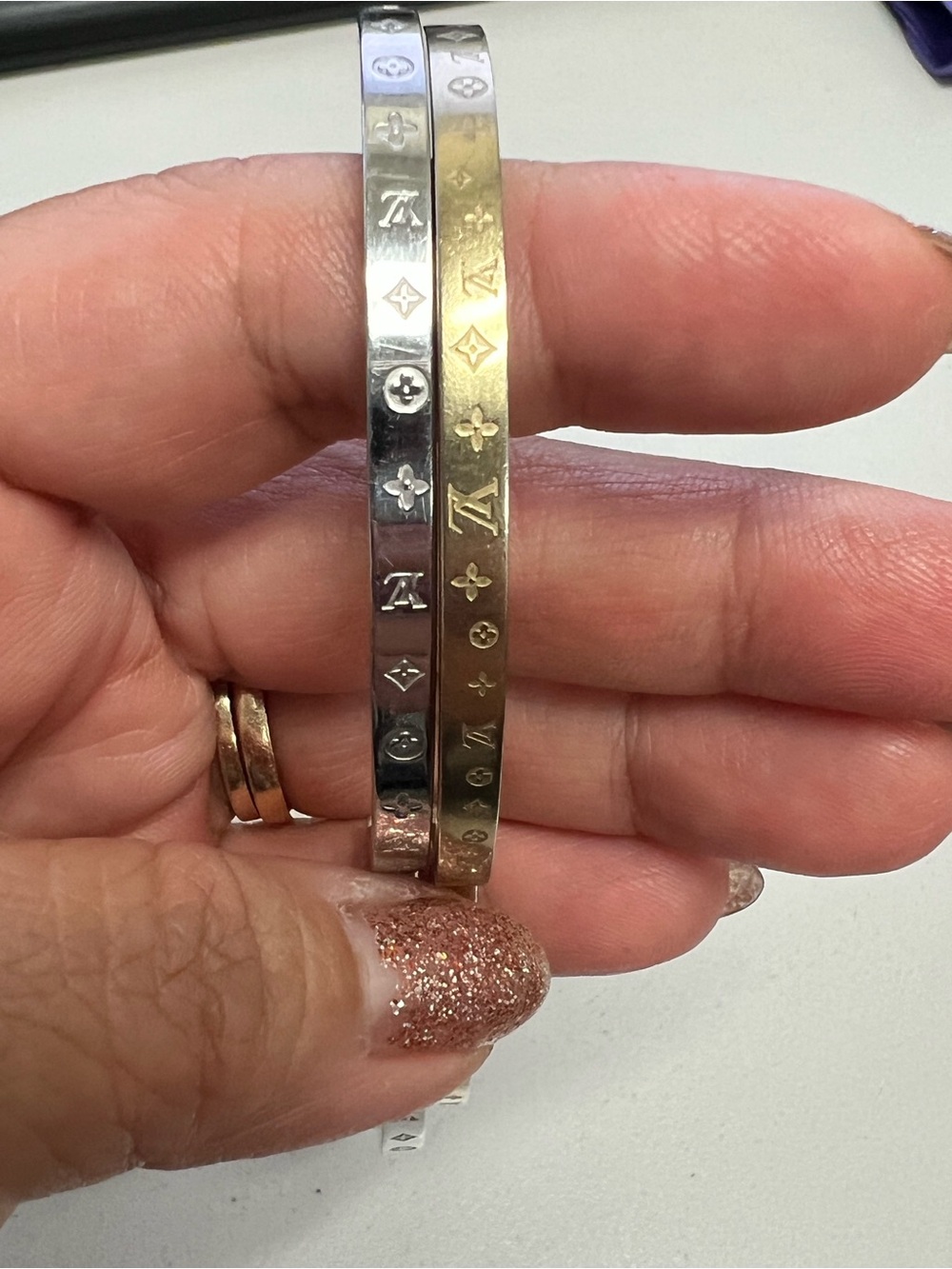Chanel, LV, Gucci Stackable Silver and Gold Logo Bangle Set - Picture 8 of 16